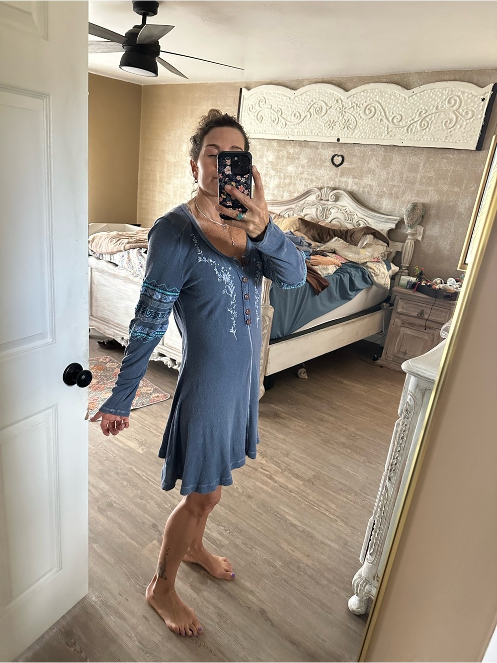 Boho Embroidered Long-Sleeve Dress in Dusty Blue